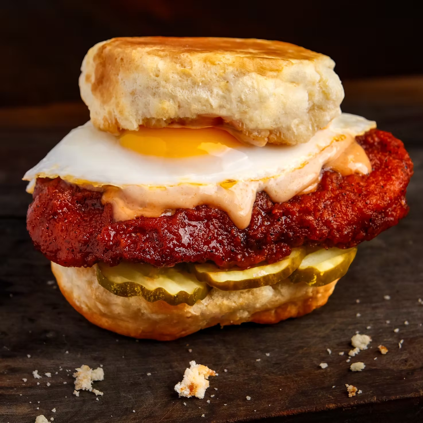 crispy chicken breast tossed in nashville hot sauce tucked in a buttermilk biscut topped with comback sauce & pickles